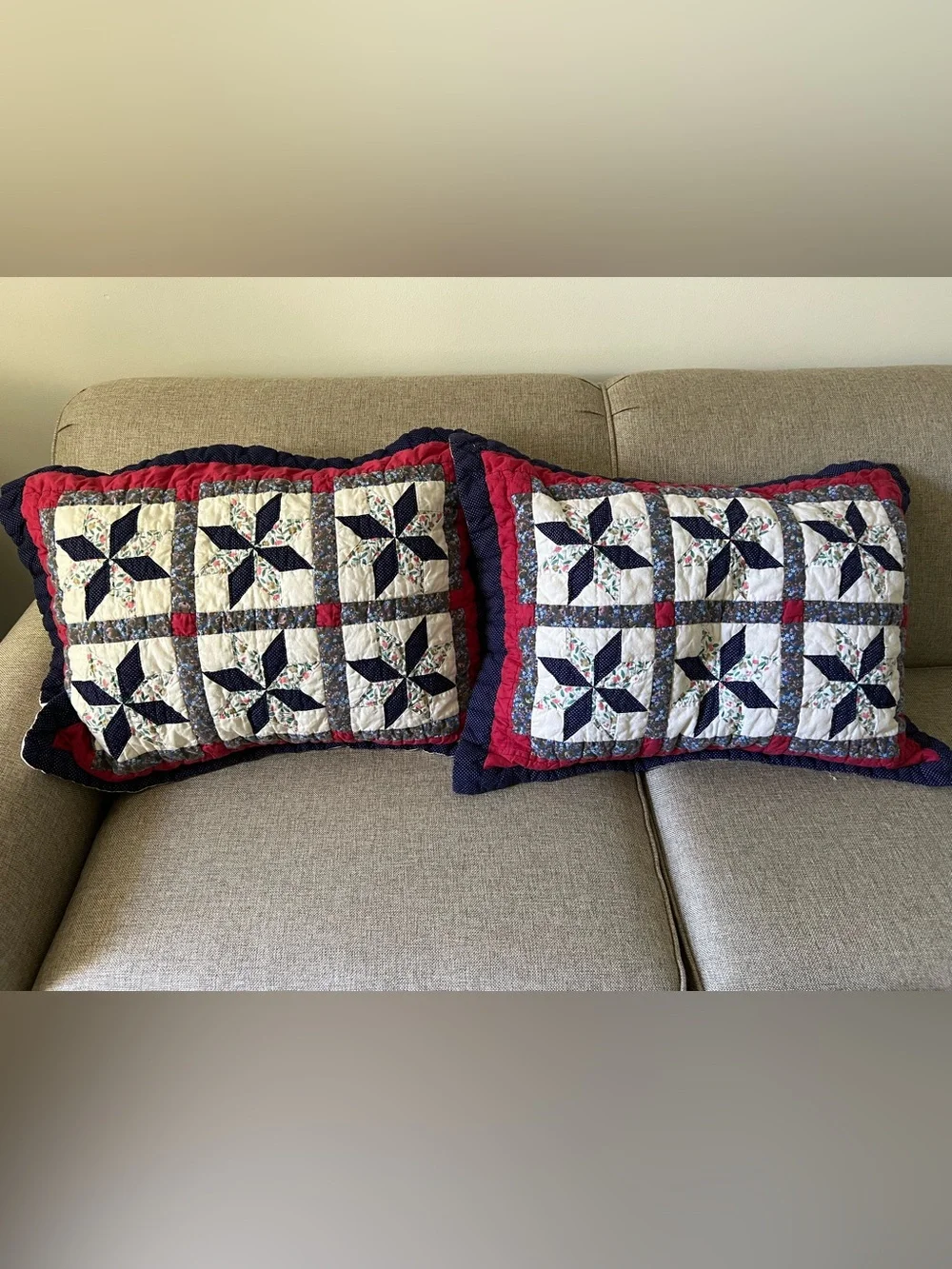 Quilted Americana Patchwork Pillow Sham Pair - Navy, Red, Cream